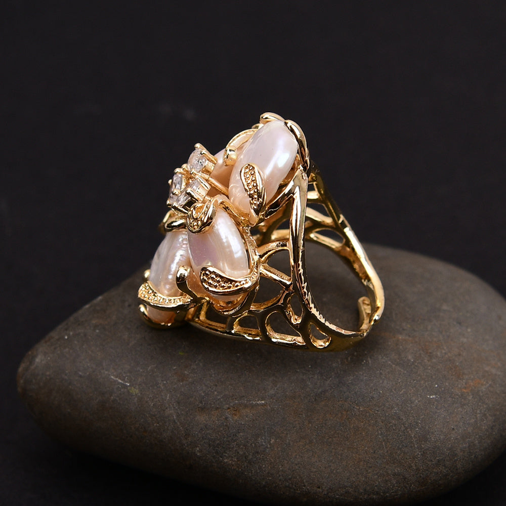 Bague Ajustable Perle Royale& Filigrane d'Or-Elégance d'eau Douce