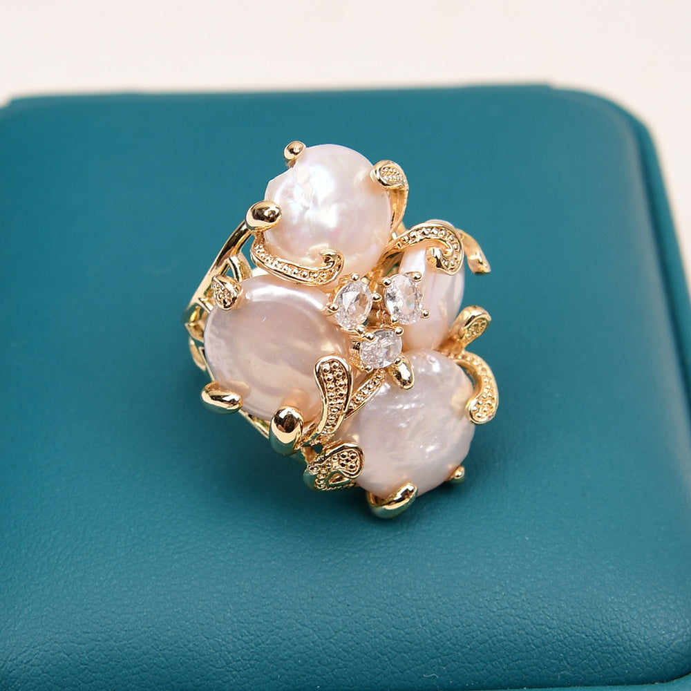 Bague Ajustable Perle Royale& Filigrane d'Or-Elégance d'eau Douce