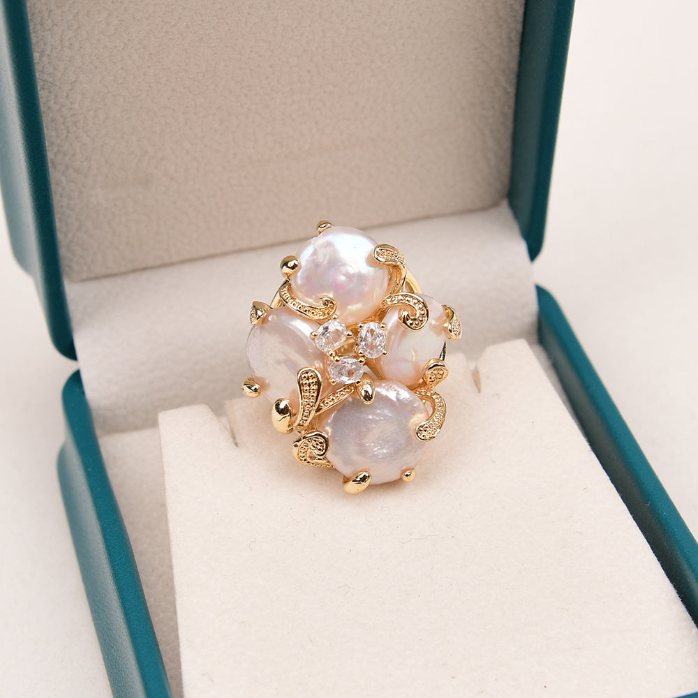 Bague Ajustable Perle Royale& Filigrane d'Or-Elégance d'eau Douce